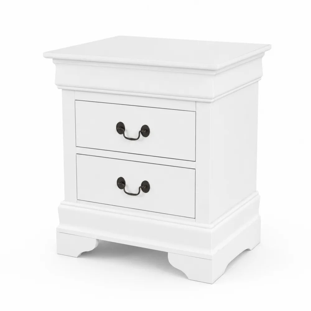 Table de chevet en bois avec tiroirs et poignées en métal