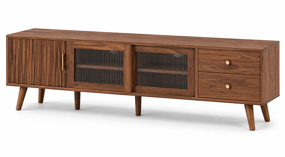 Meuble TV en Bois de Noyer avec Portes en Verre Strié 180 cm