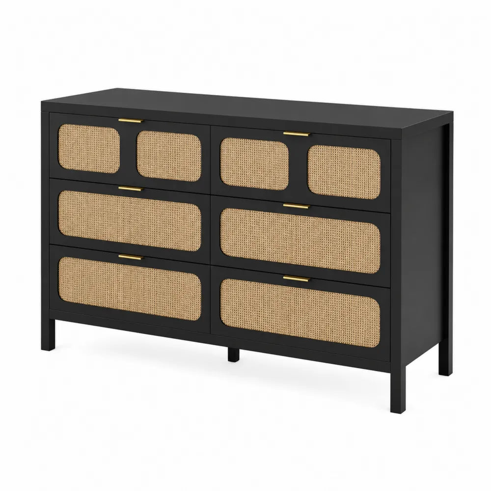Commode en bois et cannage 6 tiroirs 120cm