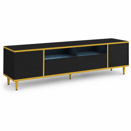 Meuble TV en MDF et métal noir et doré 180x40x50cm