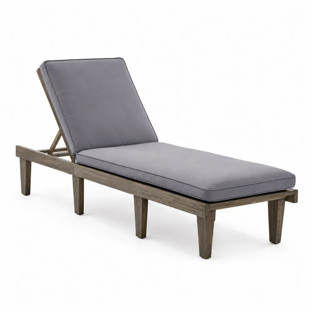 Chaise Longue en Bois d'Acacia avec Coussin en Polyester Gris
