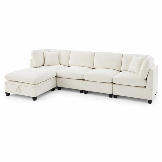 Canapé d'angle modulaire 5 places en tissu polyester Beige