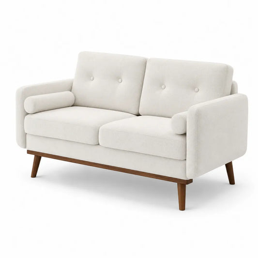 Canapé 2 places en tissu beige avec pieds en bois
