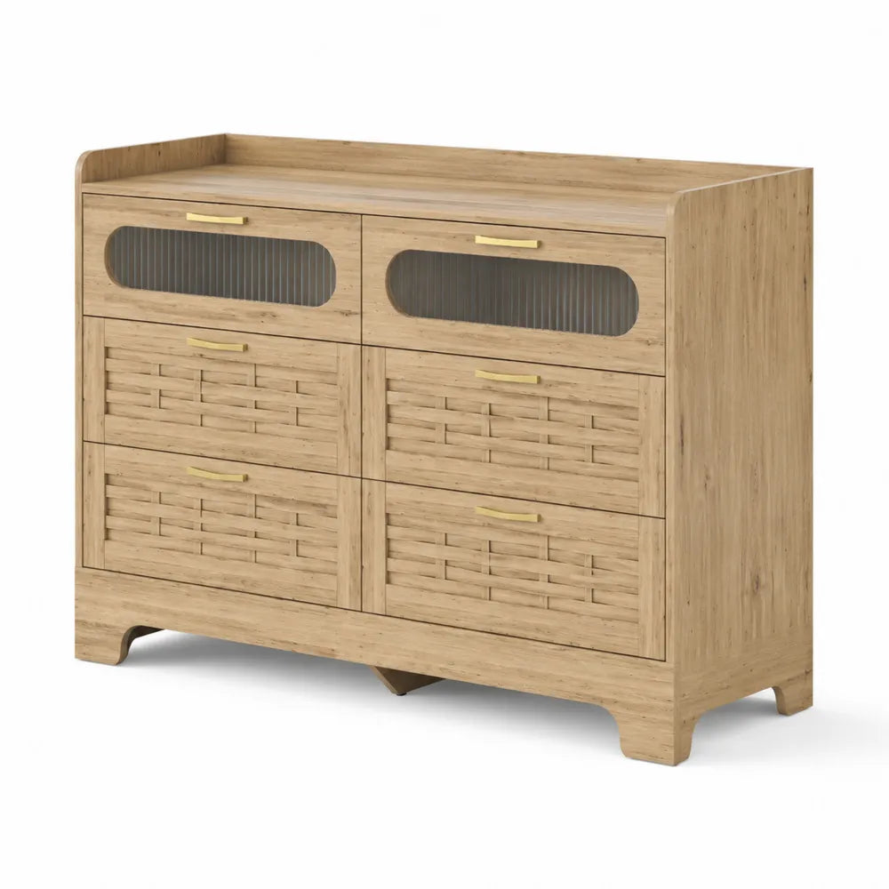 Commode en bois avec tiroirs en rotin et verre cannelé 90x40x80 cm