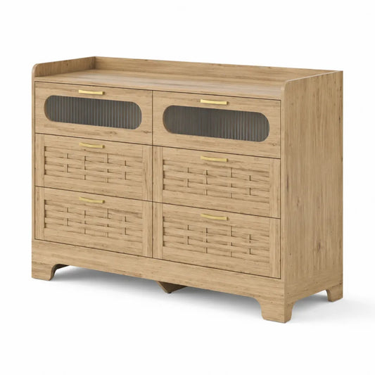 Commode en bois avec tiroirs en rotin et verre cannelé 90x40x80 cm