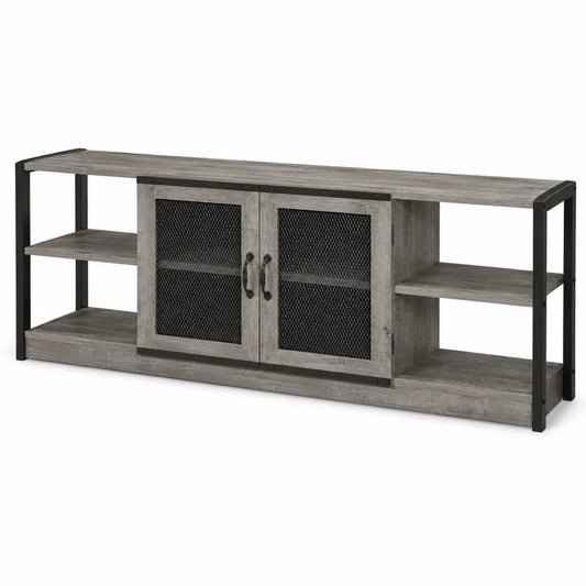 Meuble TV en Bois et Métal Gris/Noir avec Portes Grillagées 150x40x60 cm