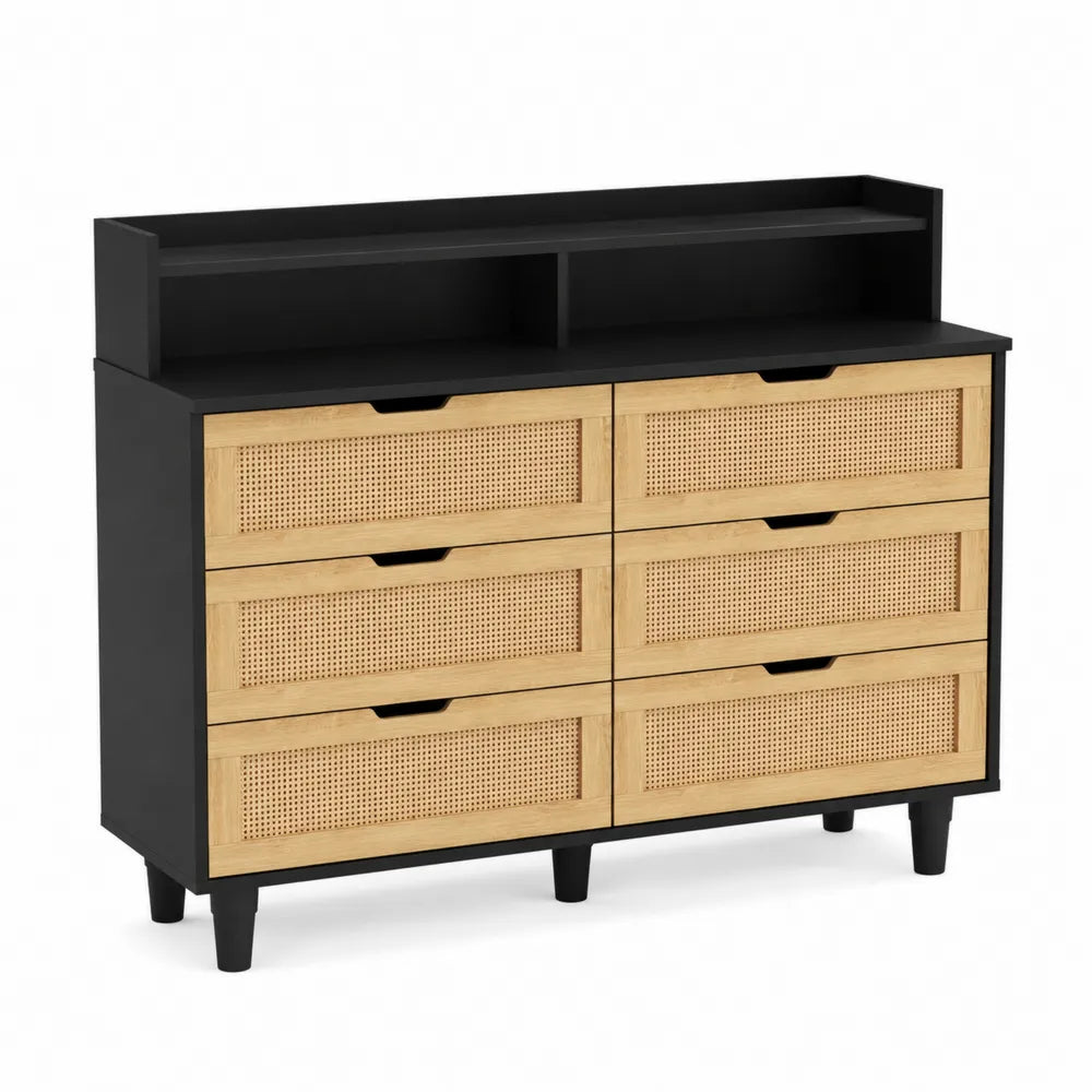 Commode en bois avec 6 tiroirs en rotin et étagère noire
