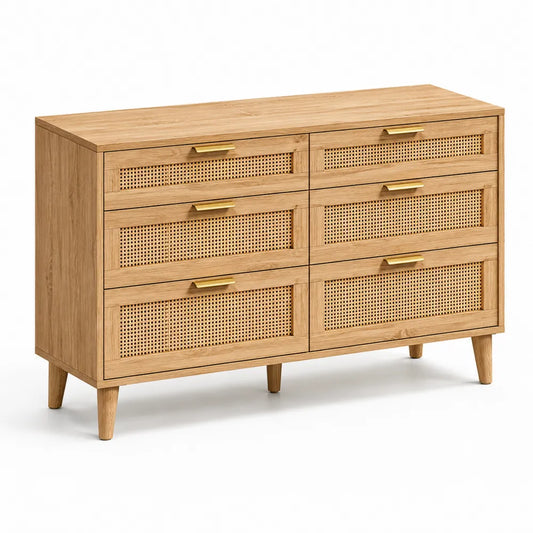 Commode 6 tiroirs en bois et rotin 120x40x80 cm