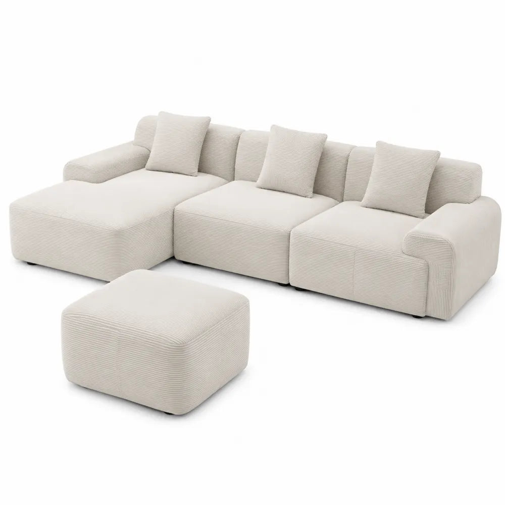 Canapé d'angle en tissu beige 290 cm avec pouf