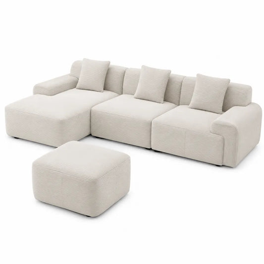 Canapé d'angle en tissu beige 290 cm avec pouf
