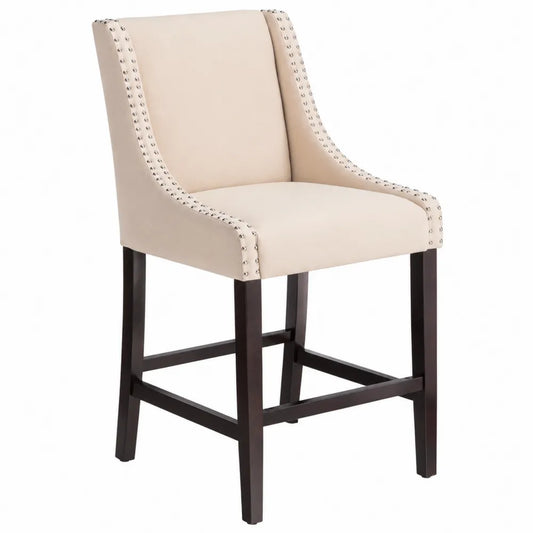 Chaise de Bar en Bois et Tissu Beige avec Clous Décoratifs
