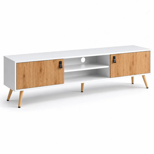 Meuble TV en bois et MDF Blanc et Chêne 140x40x45cm