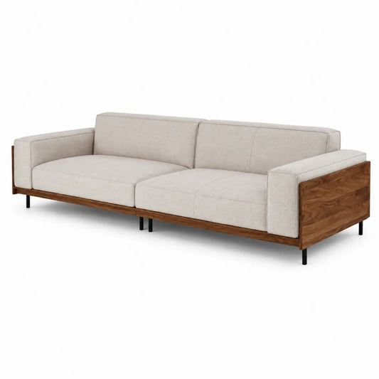 Canapé 3 places en tissu beige et structure en bois