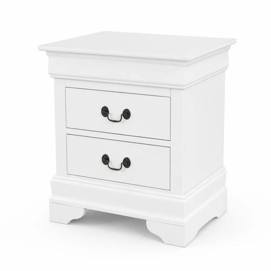Table de chevet en bois avec tiroirs et poignées en métal