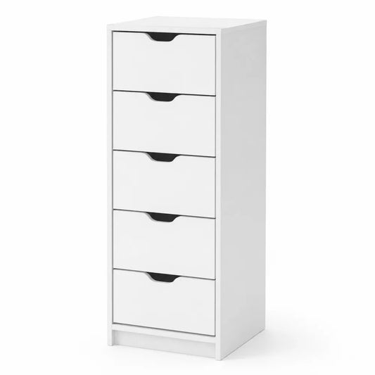 Commode 5 tiroirs en bois MDF Blanc 40x30x95 cm