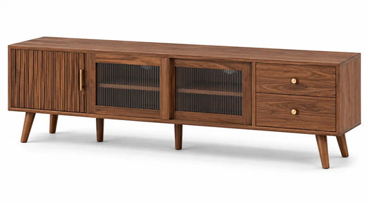 Meuble TV en Bois de Noyer avec Portes en Verre Strié 180 cm