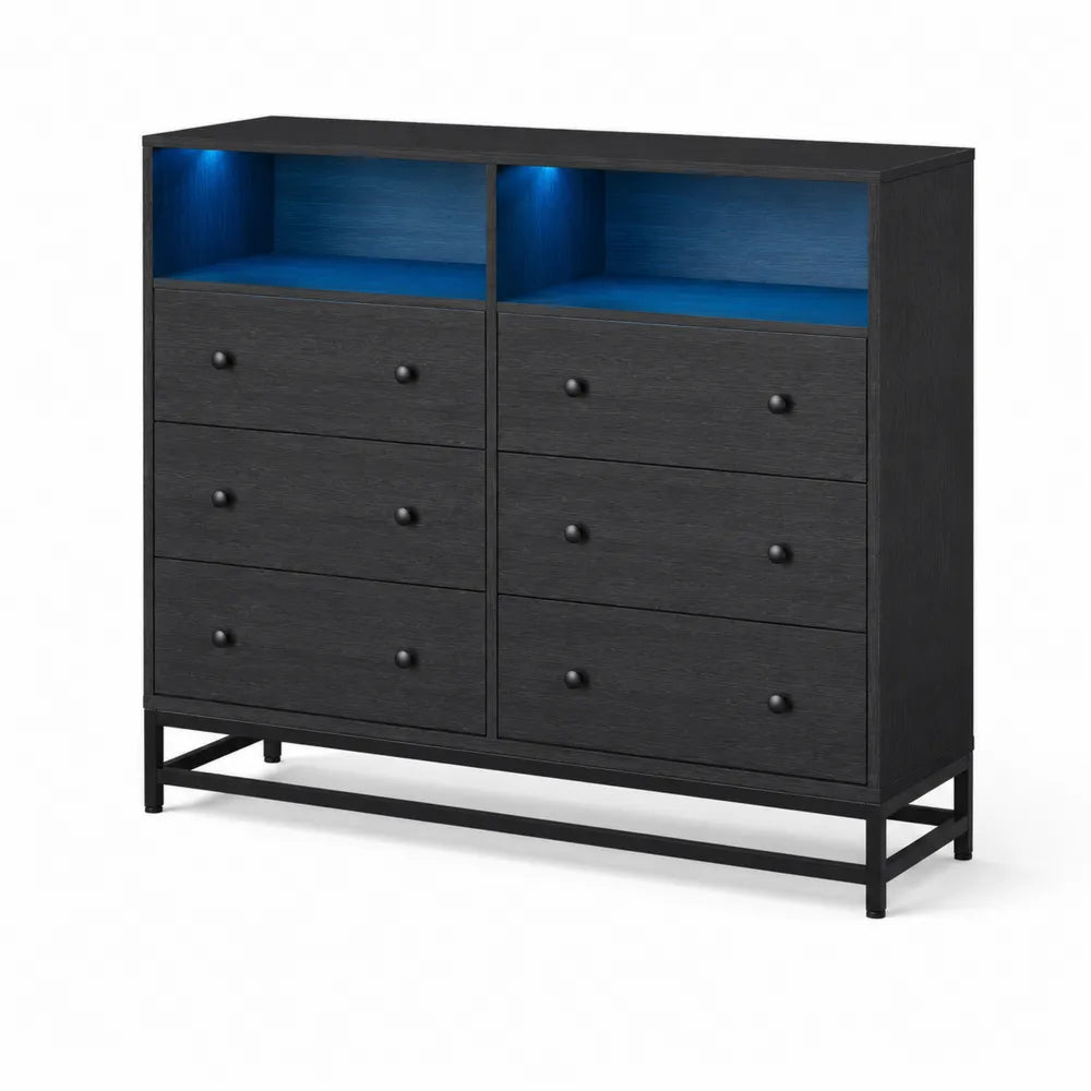 Commode en Bois Noir avec Tiroirs et Étagères Éclairées LED