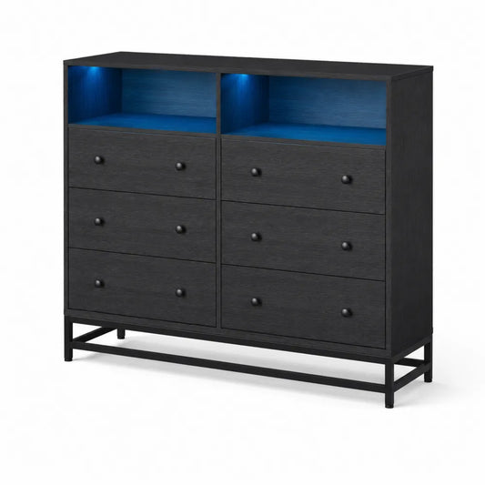 Commode en Bois Noir avec Tiroirs et Étagères Éclairées LED